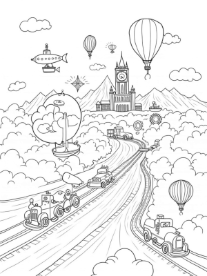 Floating City with Colorful Airships and Quirky Boats
