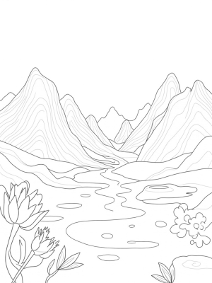 Surreal Landscape of Colorful Mountains and Flowers