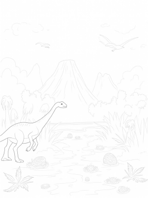 Prehistoric Jungle with Dinosaurs and Volcano
