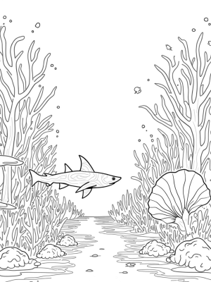 Vibrant Underwater Garden with a Stylized Shark