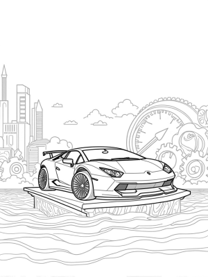 Lamborghini on a Floating Platform Above Vibrant Waves