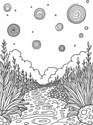 Celestial Garden with Floating Planets and Geometric Flowers