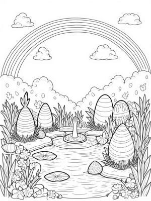 Pastel Eggs and Quilted Bunnies in a Garden