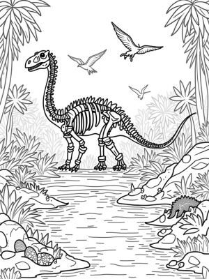 Dinosaur Skeleton Surrounded by a Prehistoric Jungle