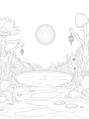 Giant Whimsical Flowers and a Tranquil Pond