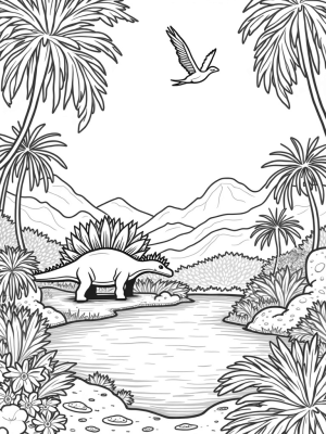 Stegosaurus Relaxing by a Serene Lake in a Prehistoric Jungle