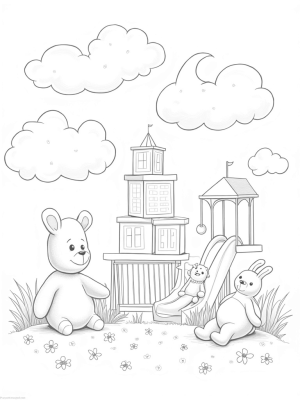 Pastel Building Block Castle with Fluffy Clouds and Stuffed Animals