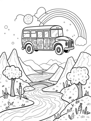 Floating Bus Above a Colorful Landscape