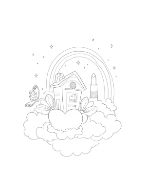 Dreamhouse on a Pink Cloud with Butterflies and Flowers