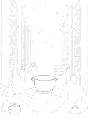 Mystical Library with Floating Quills and Potion Bottles