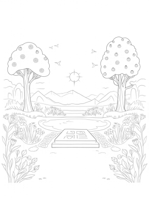 Tranquil Garden with Bible Symbols and a Grand Tablet