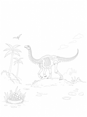 Prehistoric Jungle with Dinosaur Skeleton and Eggs