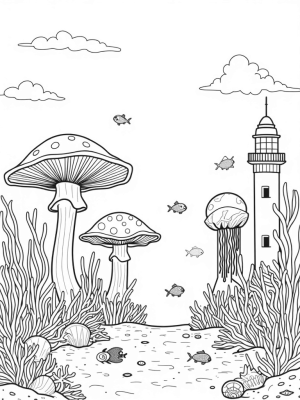 Underwater Garden with Coral Mushrooms and a Lighthouse