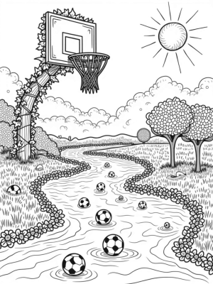 Colossal Basketball Hoop with a Flowing River and Sports Fun