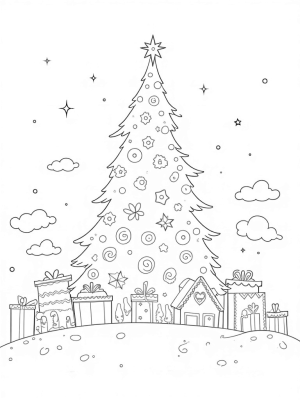 Holiday Tree Surrounded by Gingerbread Village