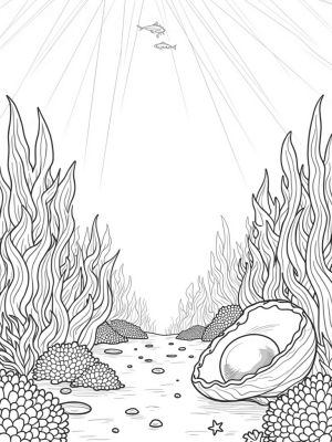 Vibrant Underwater Garden with Giant Seaweed and a Radiant Pearl