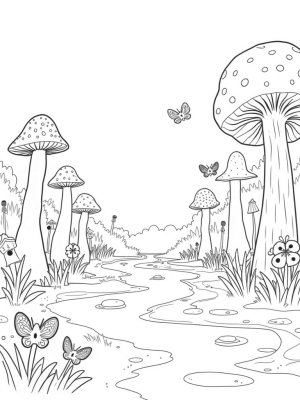 Forest Clearing with Animal Print Mushrooms and Sparkling Fish