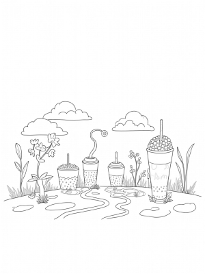 Oversized Boba Cups in a Whimsical Tea Garden