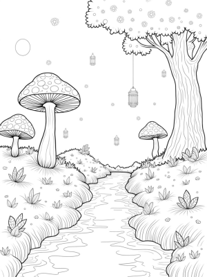 Oversized Mushrooms and a Gentle Stream in a Forest Clearing