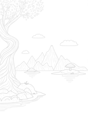 Tranquil Lake with Geometric Mountains and Twisted Tree