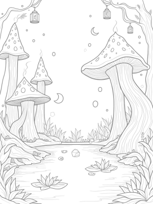 Magical Forest Glade with Towering Mushrooms and a Sparkling Pond