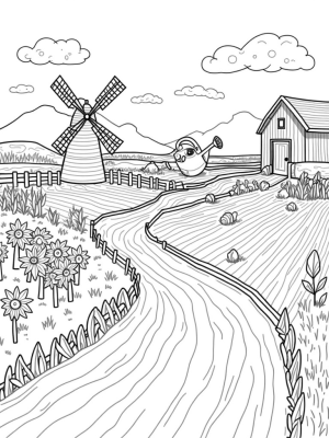 Patchwork Farm Field with Windmill and Watering Can