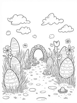 Magical Garden with Colorful Eggs and Bunny Paw Clouds