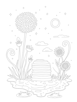 Mystical Garden with Whimsical Flowers and a Dandelion Puff