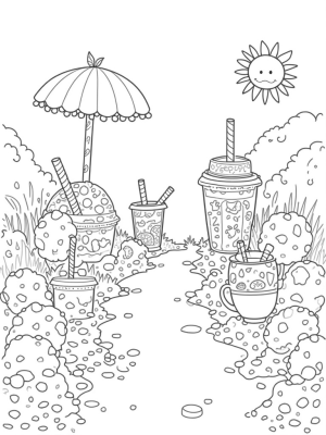 Boba Tea Garden with Floating Umbrella