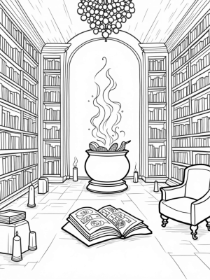 Enchanted Library with Floating Cauldron and Magical Creatures
