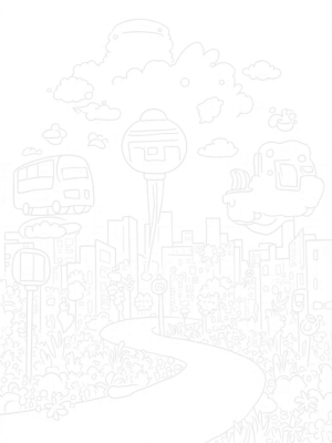 Floating Buses in a Whimsical Cityscape