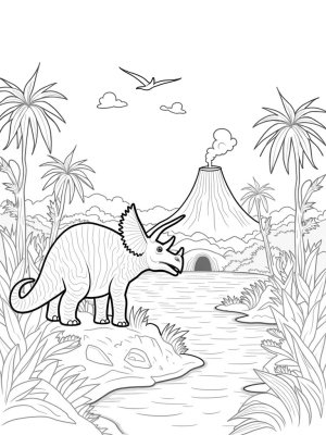 Triceratops by the Shimmering River in a Prehistoric Jungle