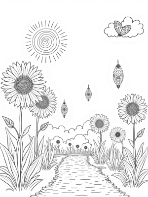 Oversized Flowers and Floating Seed Pods in a Garden