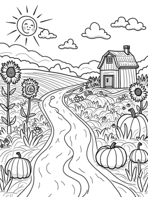 Patchwork Field with Sunflowers and Pumpkins