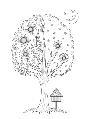 Four Seasons Tree with Blossoms, Sunflowers, Leaves, and Snowflakes