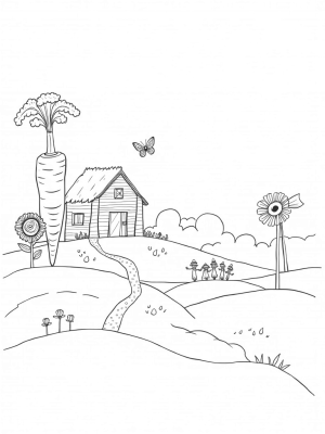 Giant Carrot and Sunflower Farm Scene