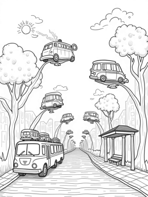 Floating Buses on a Whimsical City Street