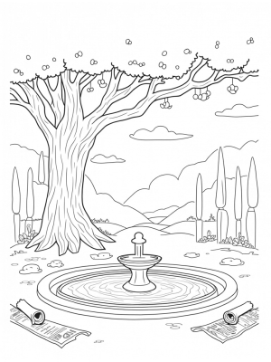 Tranquil Garden with Enormous Tree and Shimmering Fountain