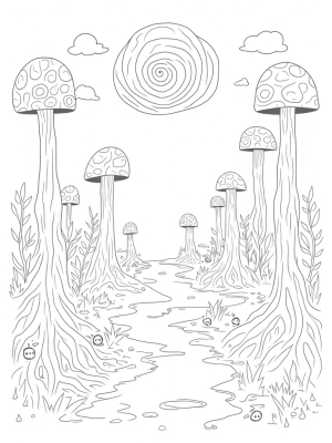 Enchanted Forest with Towering Mushrooms and Glowing Orbs