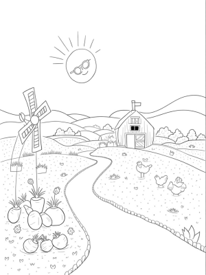 Sunny Farm Scene with Giant Vegetables and a Smiling Sun