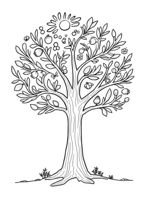 Four Seasons Tree with Flowers, Sun, Leaves, and Snowflakes