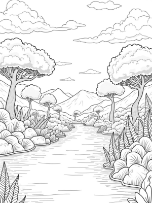 Tranquil Valley with Spiraling Trees and a Reflective River