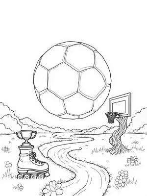 Giant Soccer Ball and Vintage Trophies in a Fun Landscape