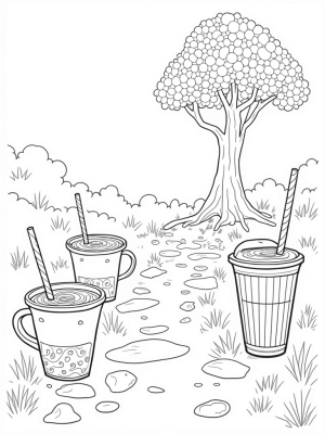 Boba Tea Garden with Colorful Cups and Giant Tapioca Pearls