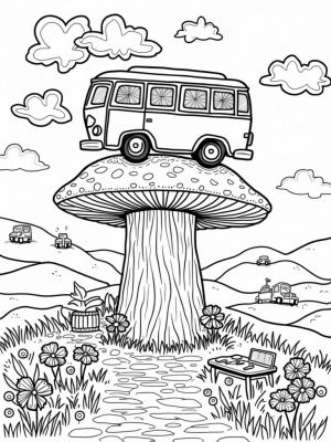Bus-Shaped Treehouse on a Giant Mushroom