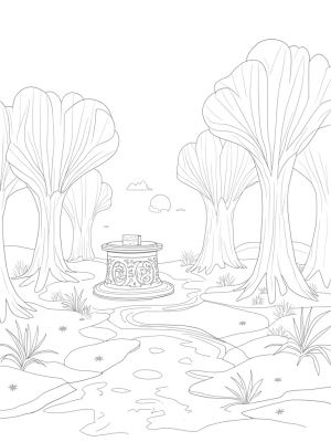 Tranquil Garden with Scroll Fruits and Shimmering Well