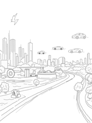 Futuristic Cityscape with Soaring Lamborghinis