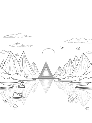 Geometric Landscape with Triangular Mountains and Lakes