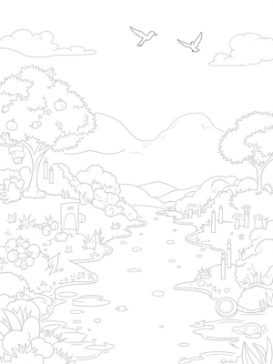 Majestic Garden with Fruit Trees and a Serene River