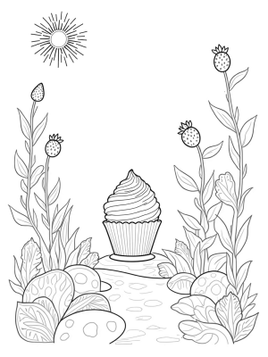 Giant Cupcake and Oversized Strawberries in a Fruit Garden